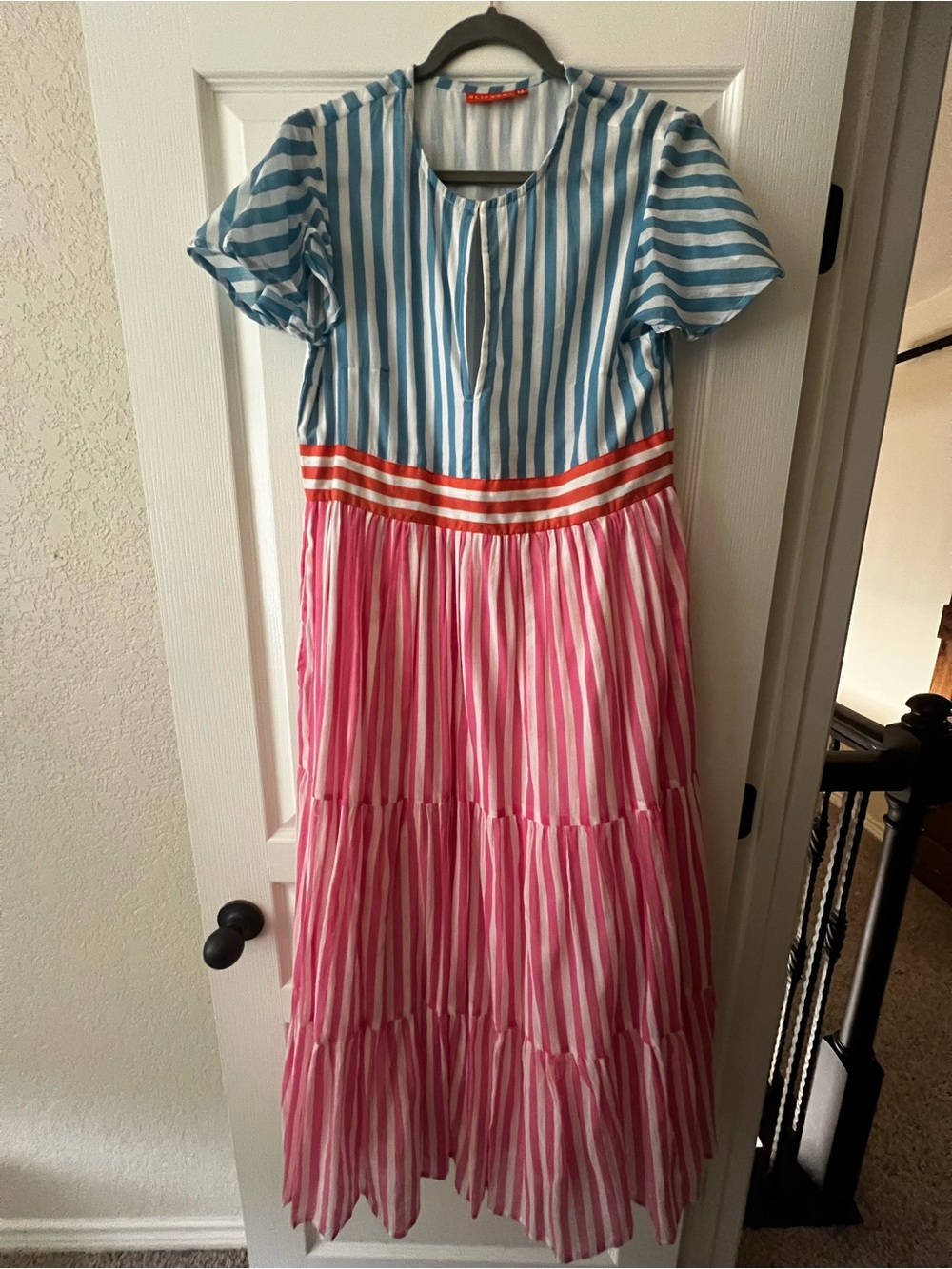 Oliphant Striped Maxi Dress in Blue, Pink & Red Waistband